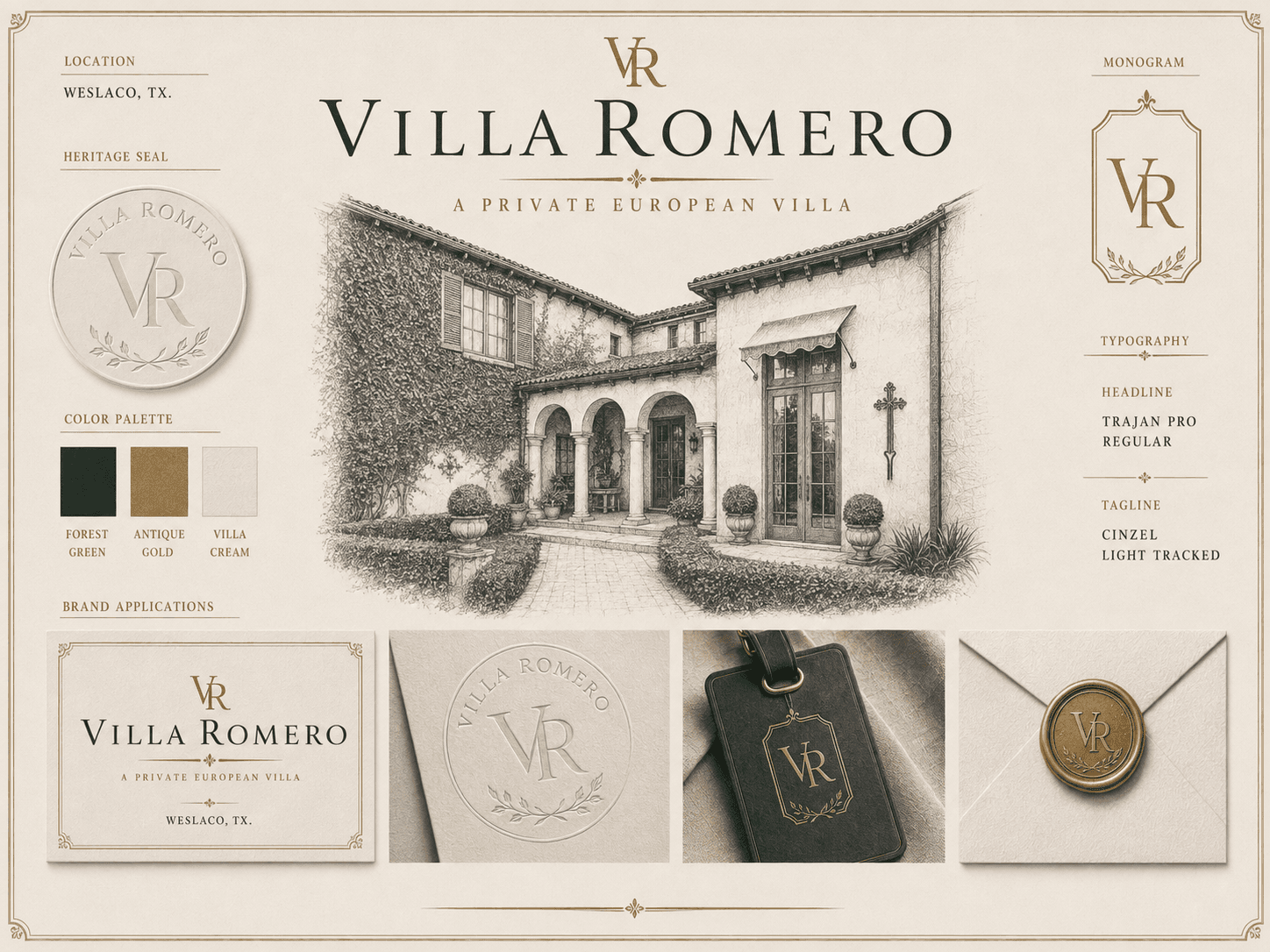 Villa Romero visual identity concept with a European villa illustration