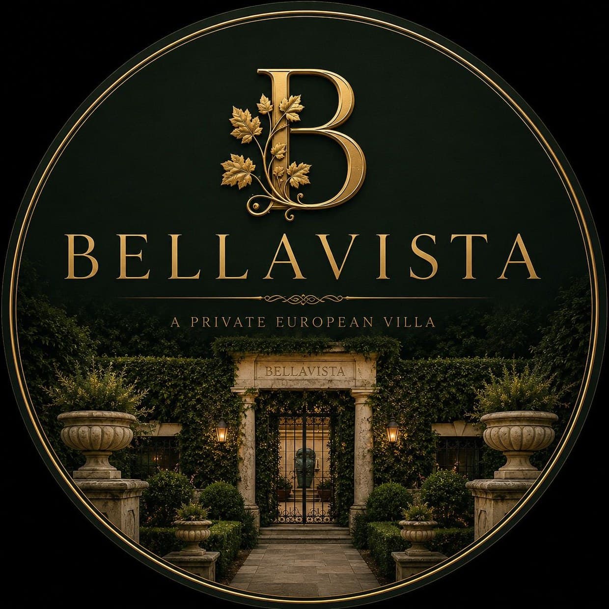 Bellavista villa entrance gate framed by ivy and stone